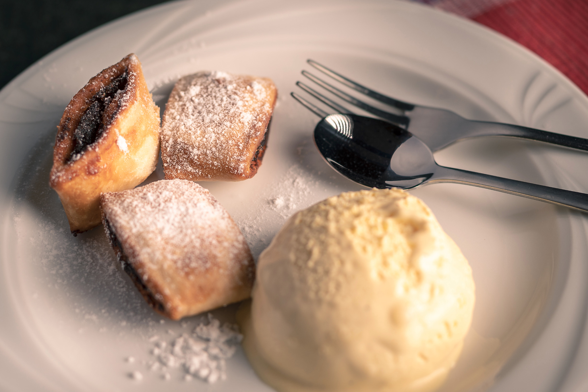 Dessert plate with pastries and ice cream