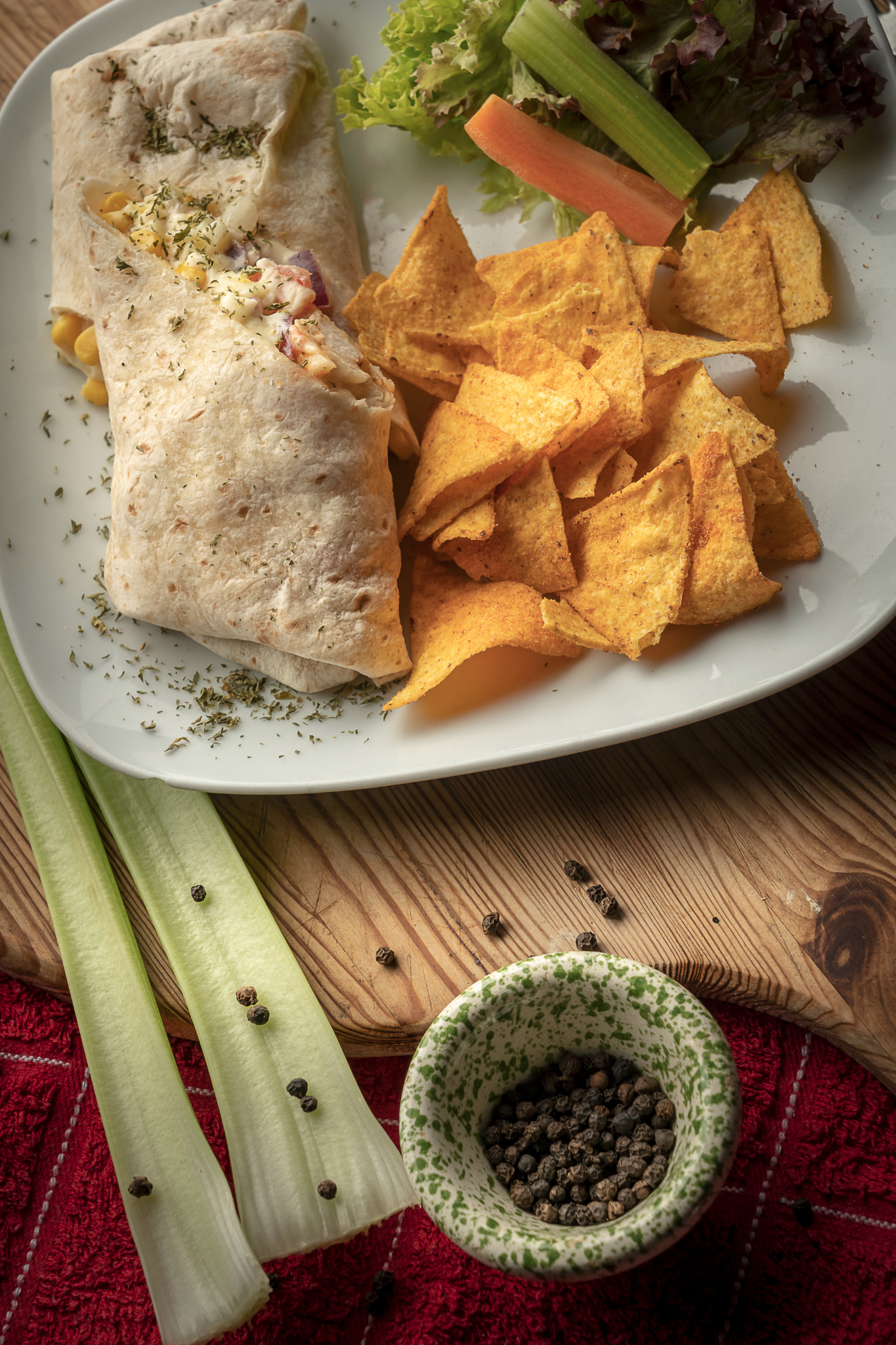 Wrap served with tortilla chips